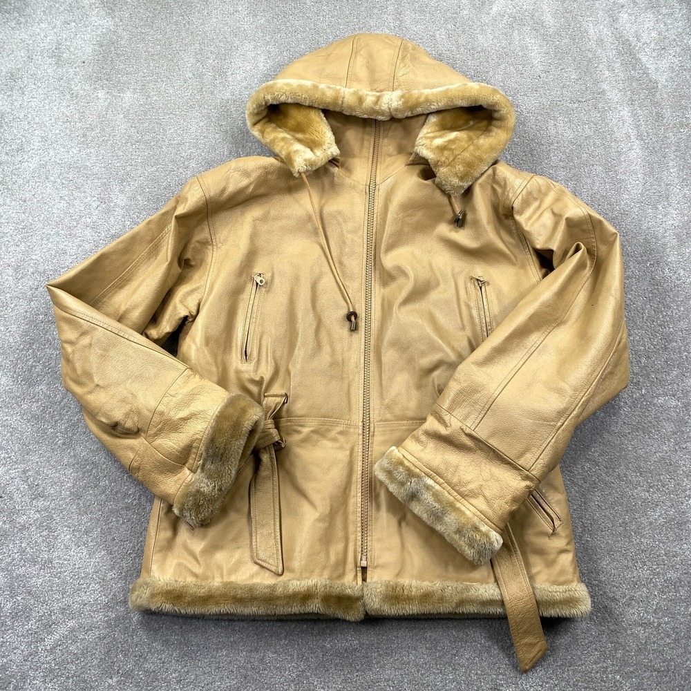 Wilda Genuine Leather Luxury Faux Shearling Jacket Coat Women's Size 2XL Khaki